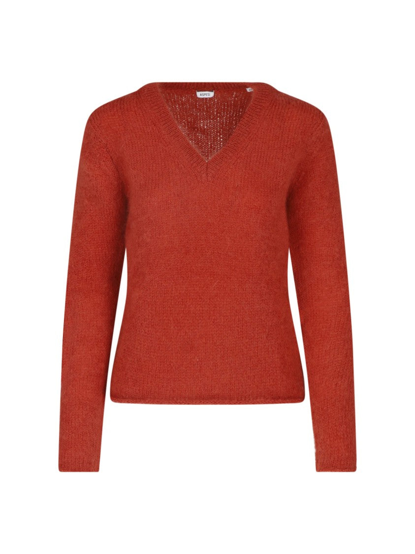 Aspesi Orange Mohair Wool V-Neck Sweater