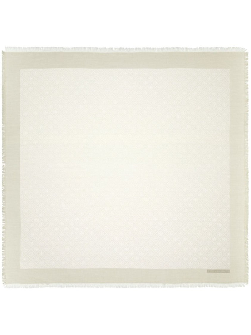 Tory Burch Ivory Wool-Silk Blend Wraparound Scarf With Monogram Pattern