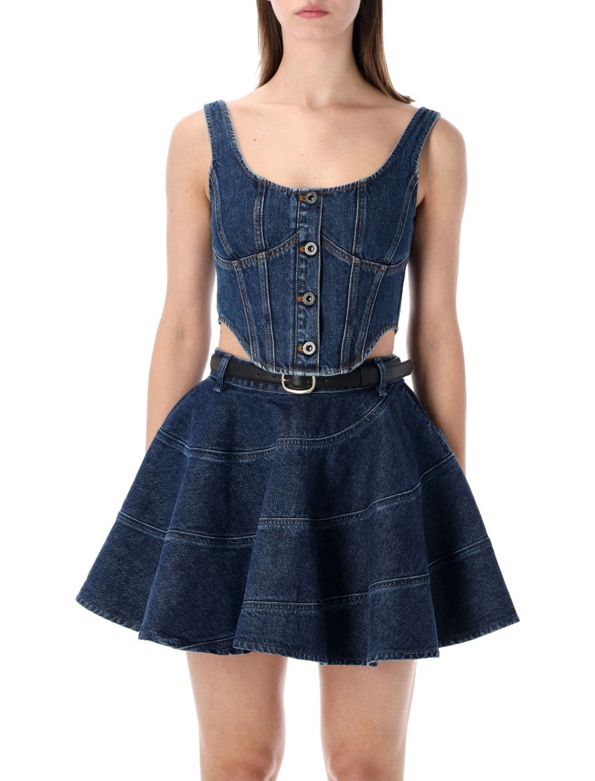 Self-Portrait Contrast Stitching Curved Hem Denim Corset