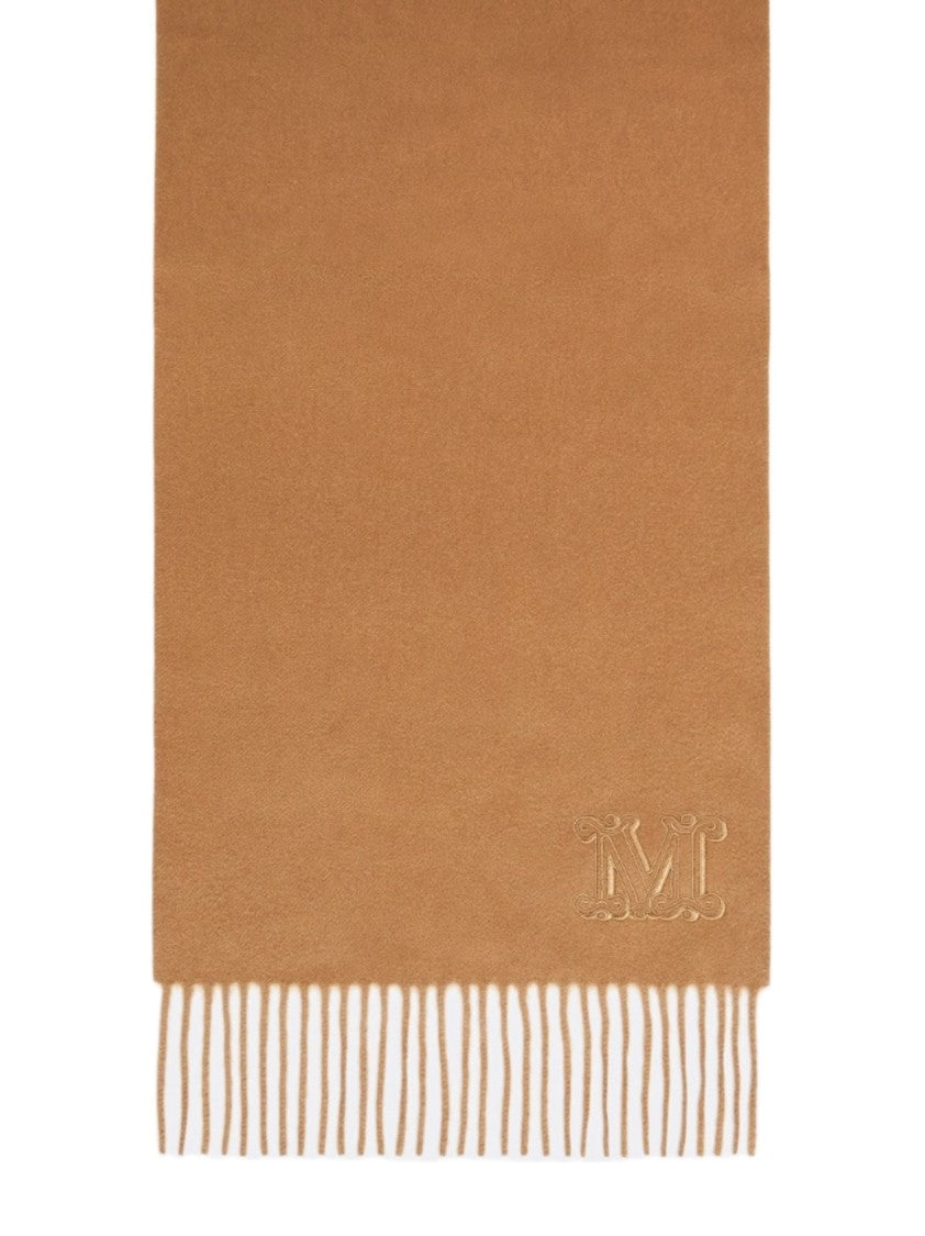 Max Mara Camel-Colored Long Scarf With Fringed Ends And Emblem Detail
