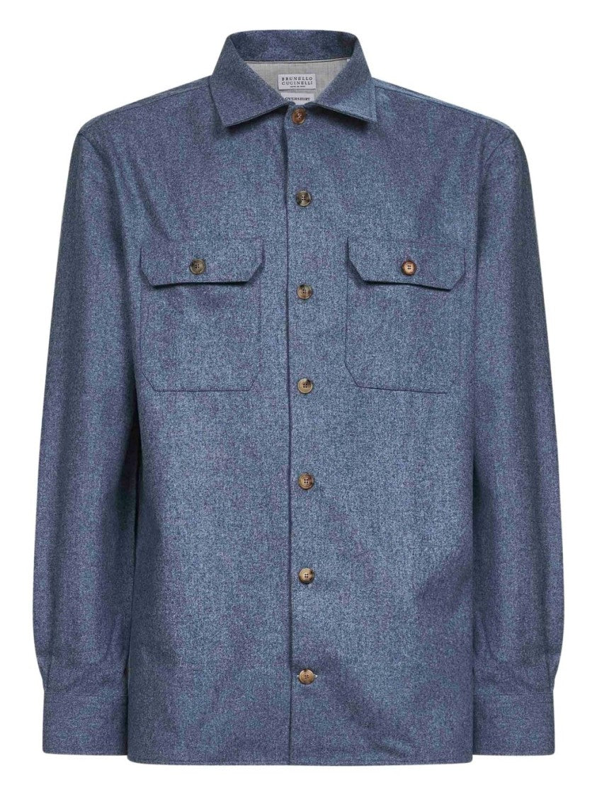Brunello Cucinelli Pointed Collar Wool Shirt With Buttoned Flap Pockets