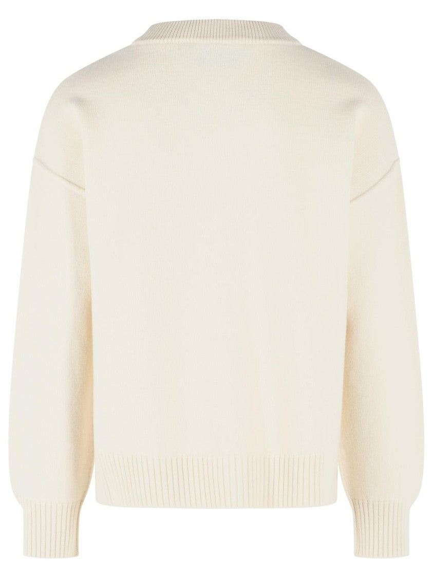 Ami Paris V-Neck Cream Virgin Wool Cardigan With Contrast Logo
