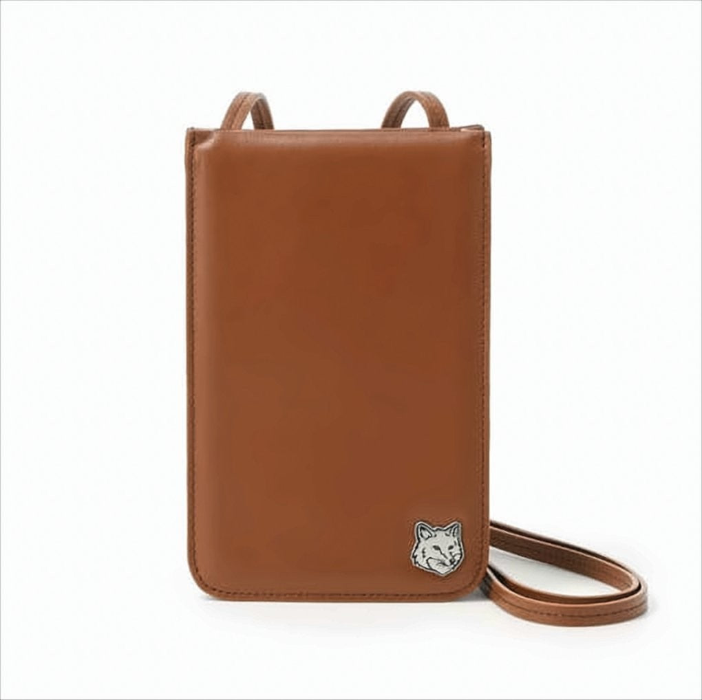 Maison Kitsuné Rectangular Brown Leather Crossbody Bag With Adjustable Strap