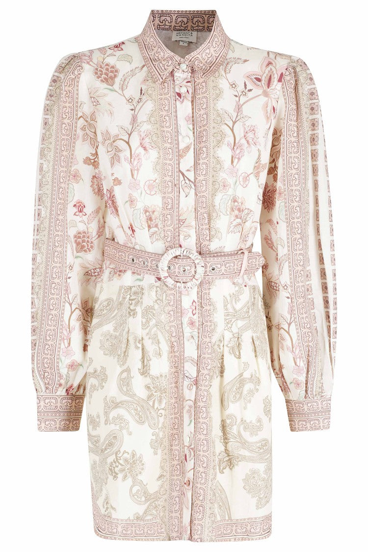 Hemant & Nandita Cream Dani Mini Belted Floral Linen-Blend Dress