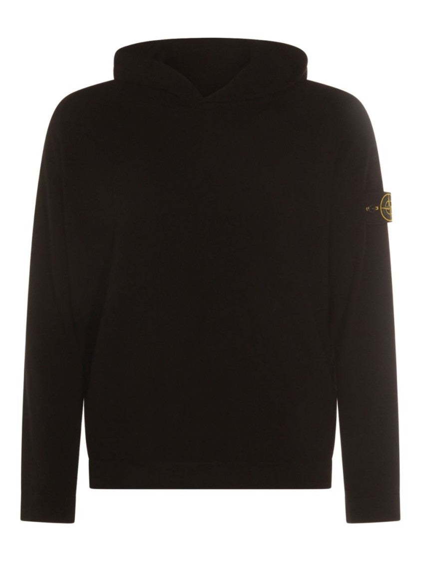 Stone Island Minimalist Black Hooded Sweater With Ribbed Cuffs And Logo Badge
