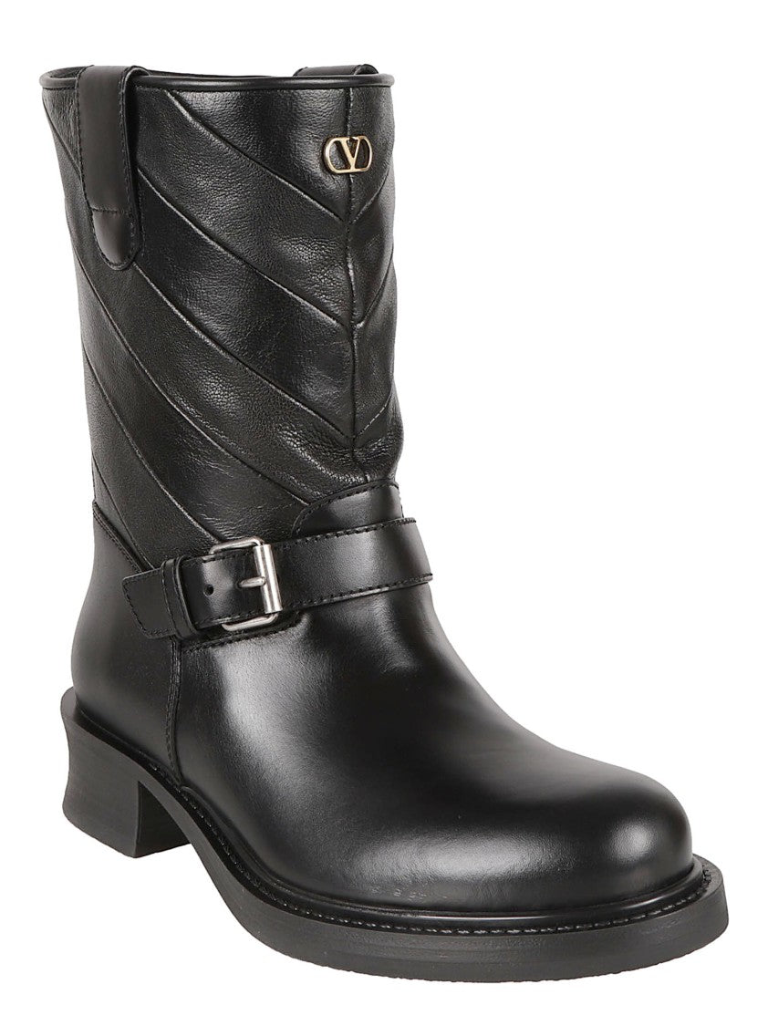 Valentino Garavani Mid-Calf Patchwork Black Leather Boots