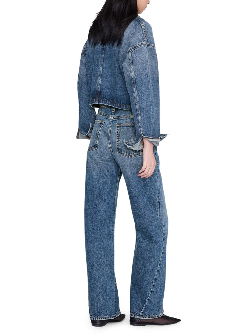 Anine Bing Cropped Denim Jacket With Leather Collar And Boxy Silhouette