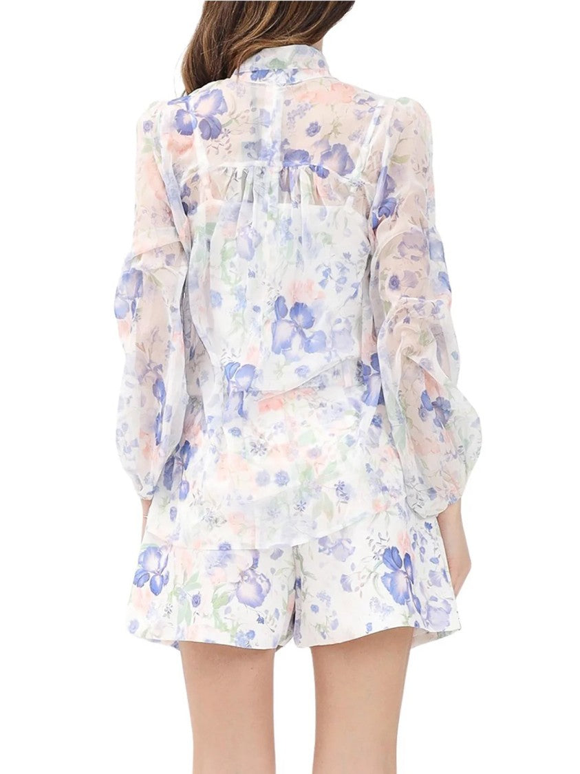 Oui,Odile! White Blue Cotton Polyester Blouse Set