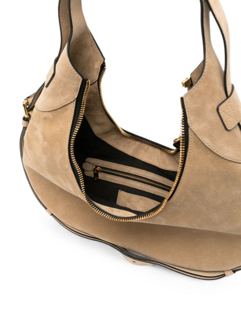 Moschino Crescent-Shaped Suede Bag With Gold Hardware Accents