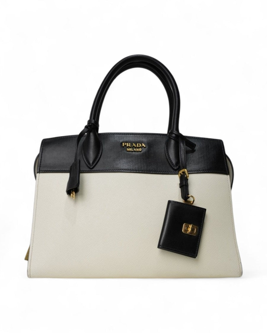 Prada White Bicolor Saffiano Esplanade Medium Bag