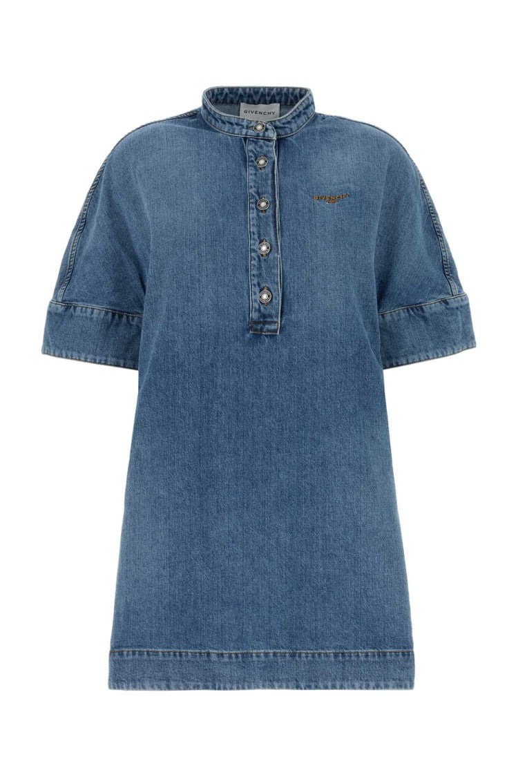 Givenchy Short-Sleeve Blue Denim Dress With Button-Up Front