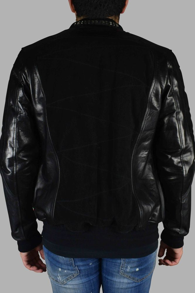 Philipp Plein Black Leather Bomber Jacket With Suede Inserts