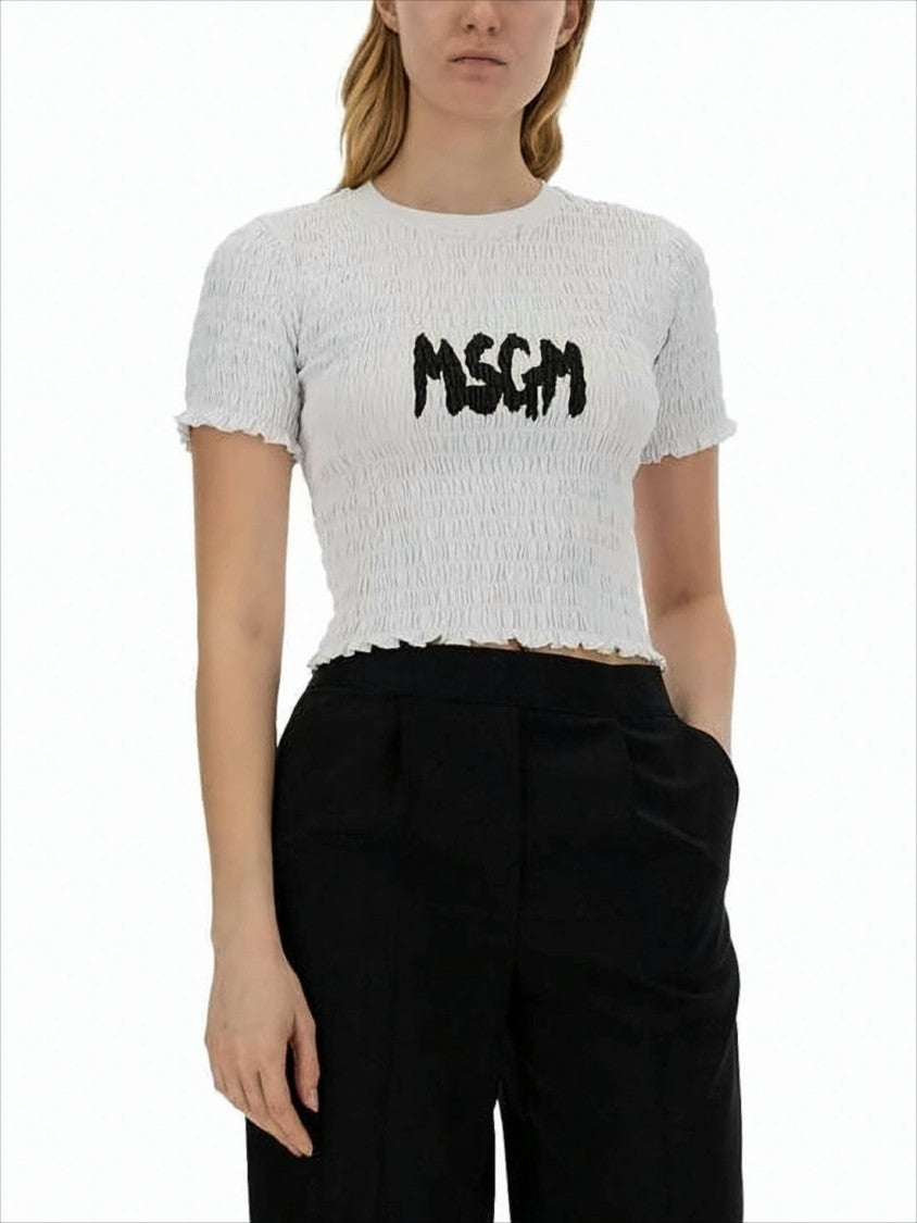Msgm Cropped Textured Top With Ruched Fabric