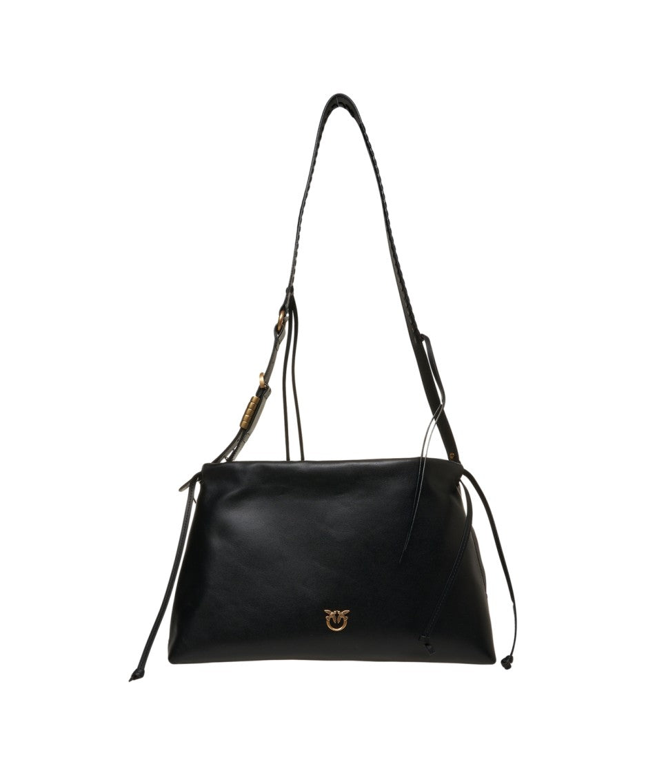 Pinko Structured Black Leather Shoulder Bag With Woven Strap