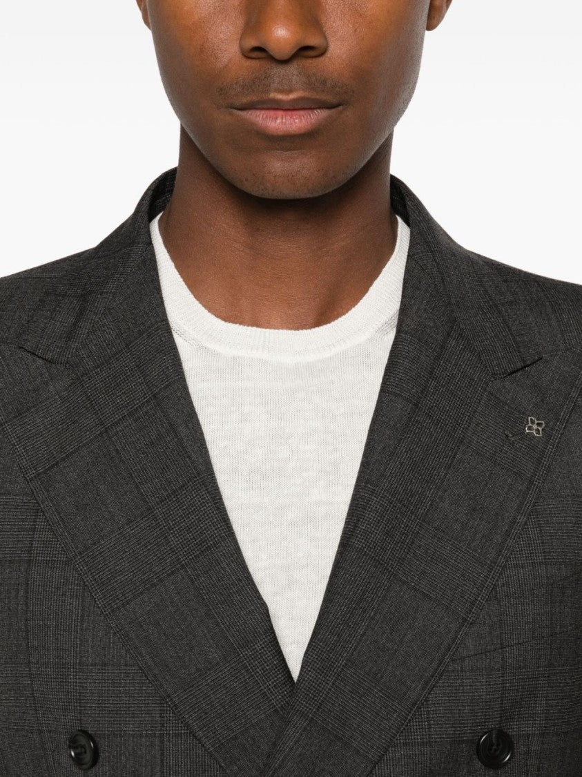 Tagliatore Double-Breasted Grey Check Pattern Blazer With Tailored Fit