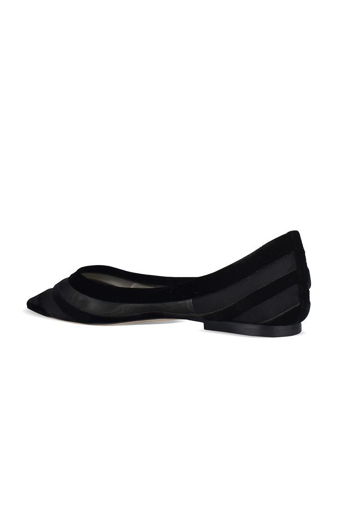 Jimmy Choo Black Velvet And Fishnet Canvas Flat Ballerinas