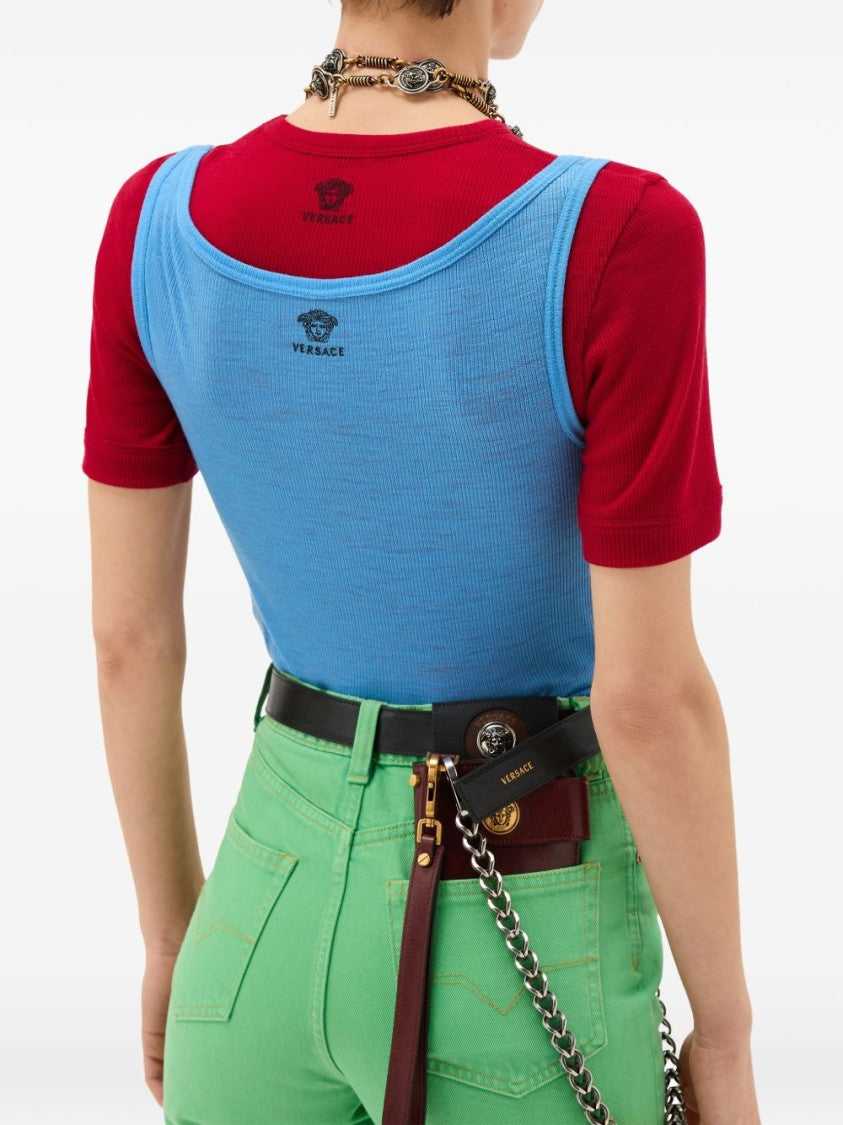 Versace Ribbed Silk-Nylon Sleeveless Top With Subtle Logo