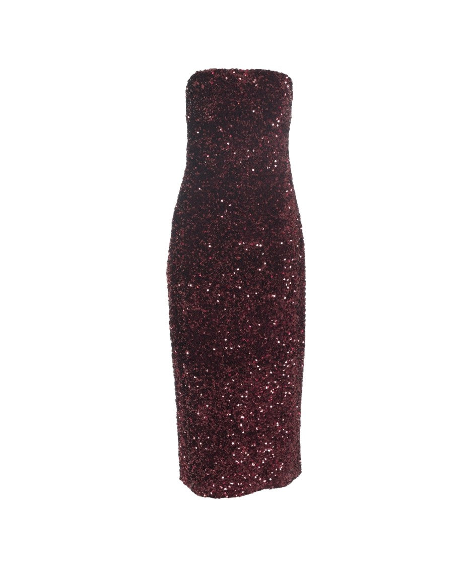Gender Strapless Burgundy Midi Dress With Allover Sequin Detailing