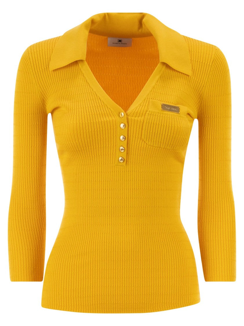 Elisabetta Franchi Micro-Braided Long-Sleeved Polo Shirt With Gold Accents