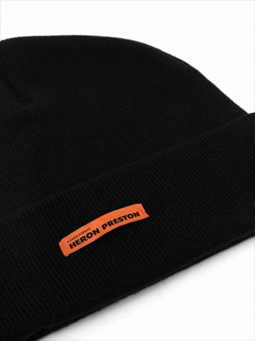 Heron Preston Black Wool Beanie With Folded Cuff And Orange Label