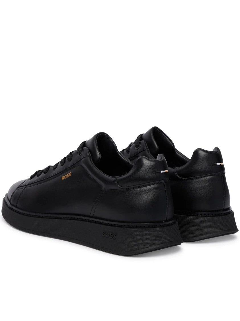 Hugo Boss Black Smooth Leather Gold Logo Sneakers
