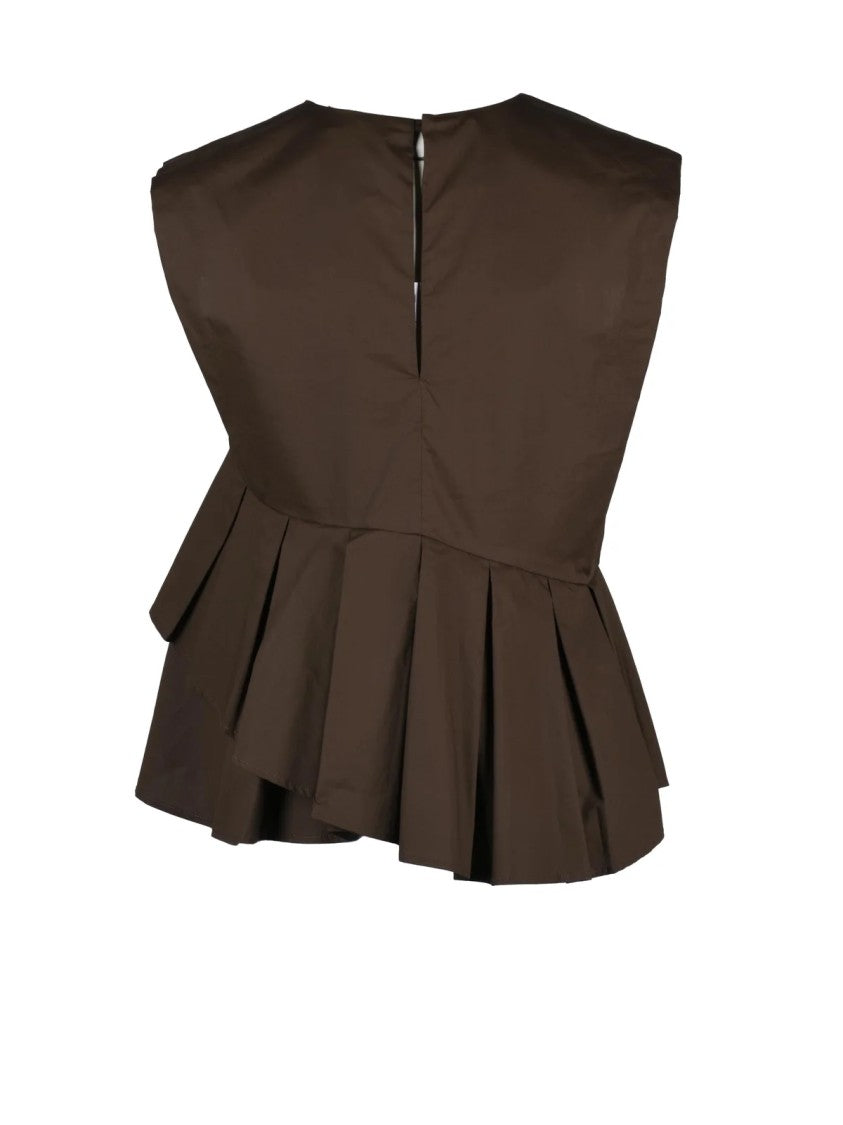 Meimeij Brown Asymmetrical Peplum Cotton Blouse