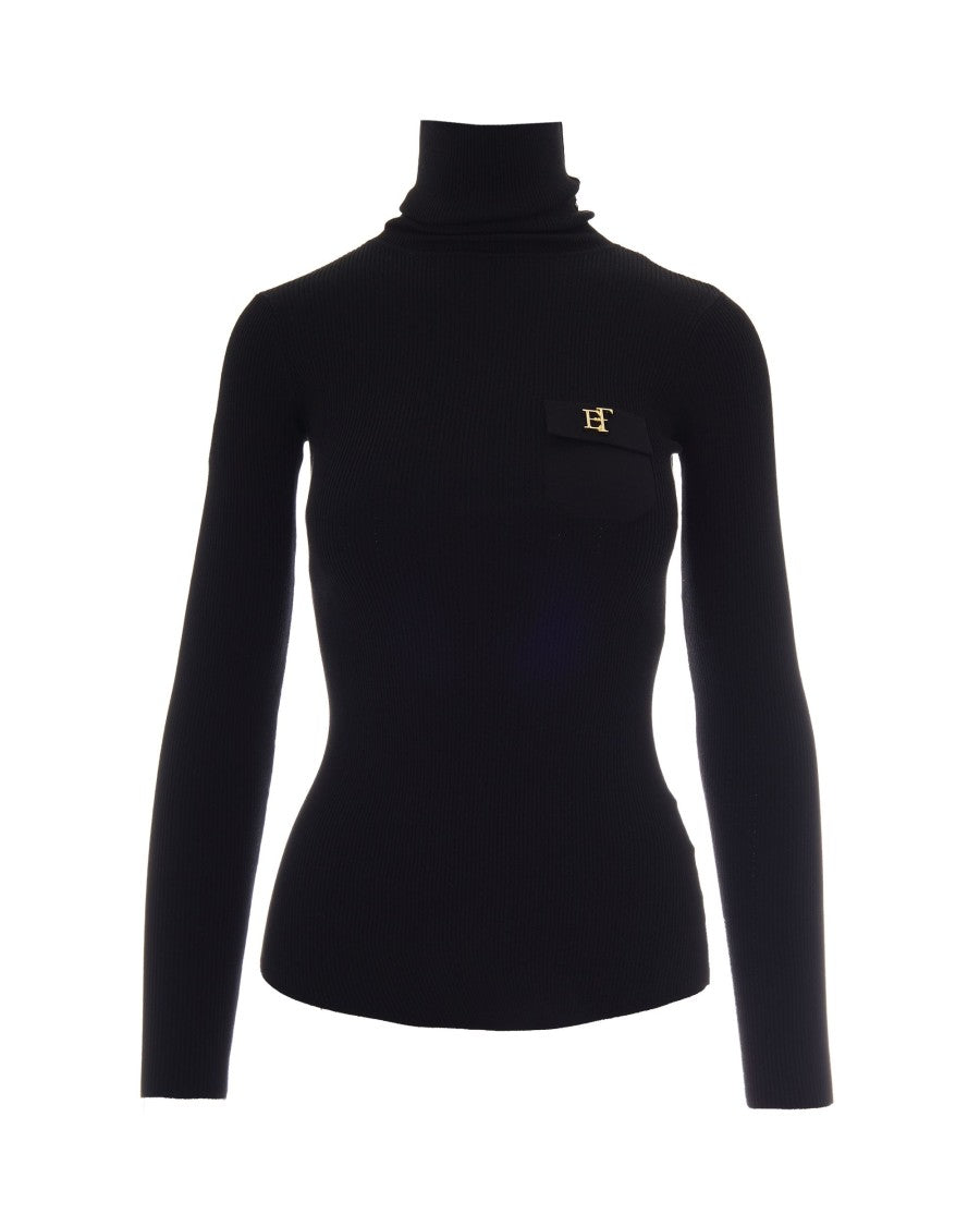 Elisabetta Franchi Fitted Long-Sleeve Knit Top With Gold Logo Detail