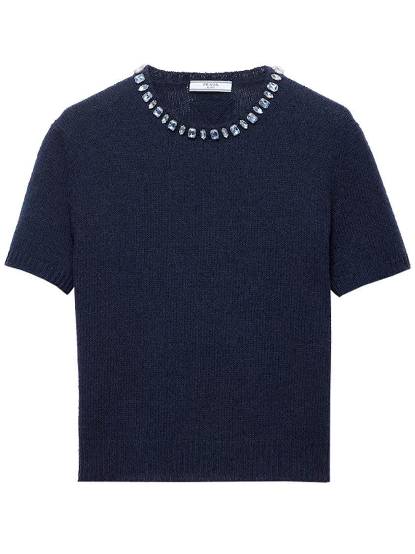 Prada Deep Navy Cropped Jewel-Embellished Top