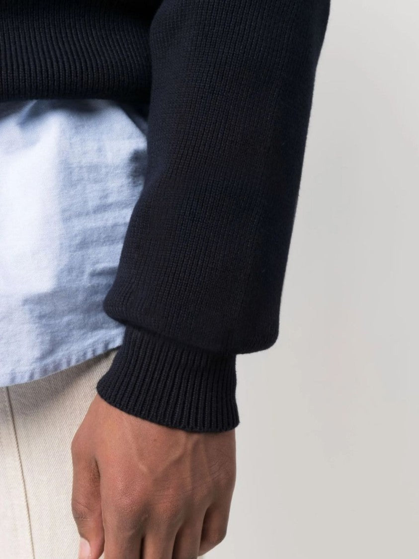 Golden Goose Dark Blue Ribbed Knit Sweater With Logo Patch