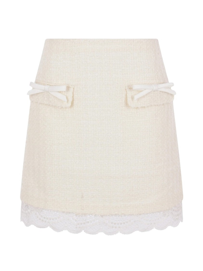 Self-Portrait White Lace-Trim Boucle Midi Skirt