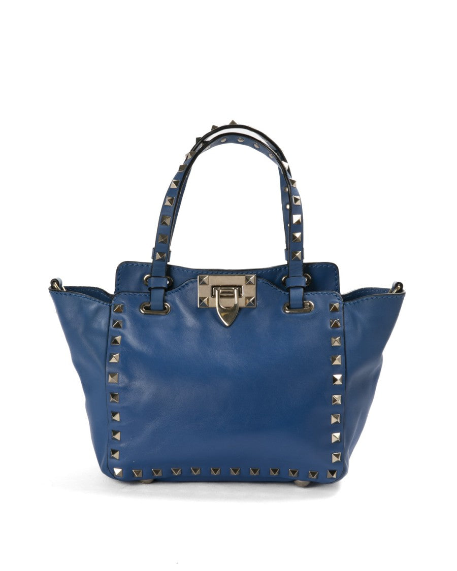 Valentino Structured Small Shopper Bag In Smooth Blue Leather With Gold Studs