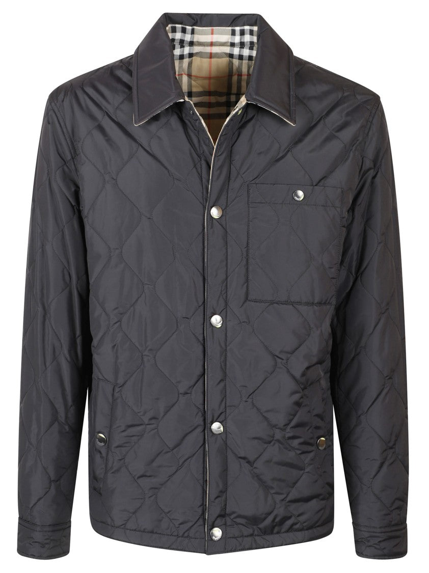 Burberry Quilted Black Coat With Classic Collar And Check Pattern Lining
