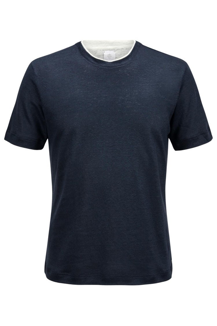 Eleventy Blue White Double Trim Crew Neck Linen T-Shirt