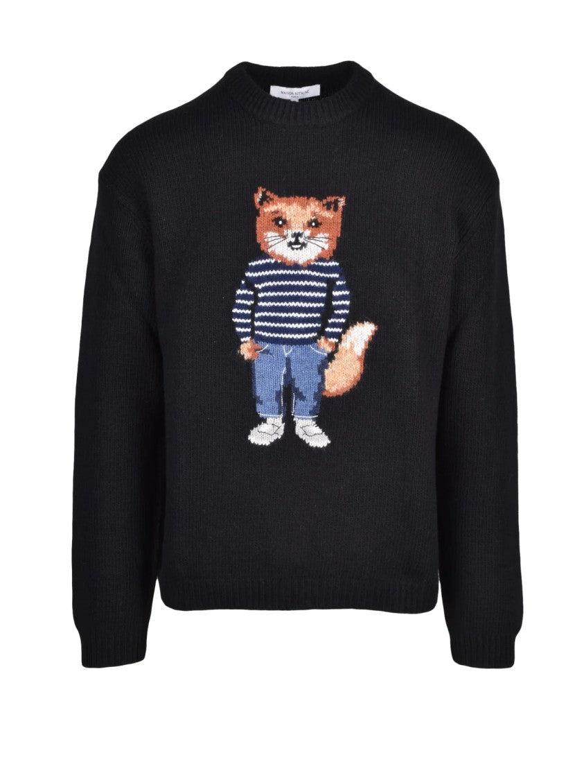 Maison Kitsuné Black Fox Motif Wool-Blend Crewneck Sweater