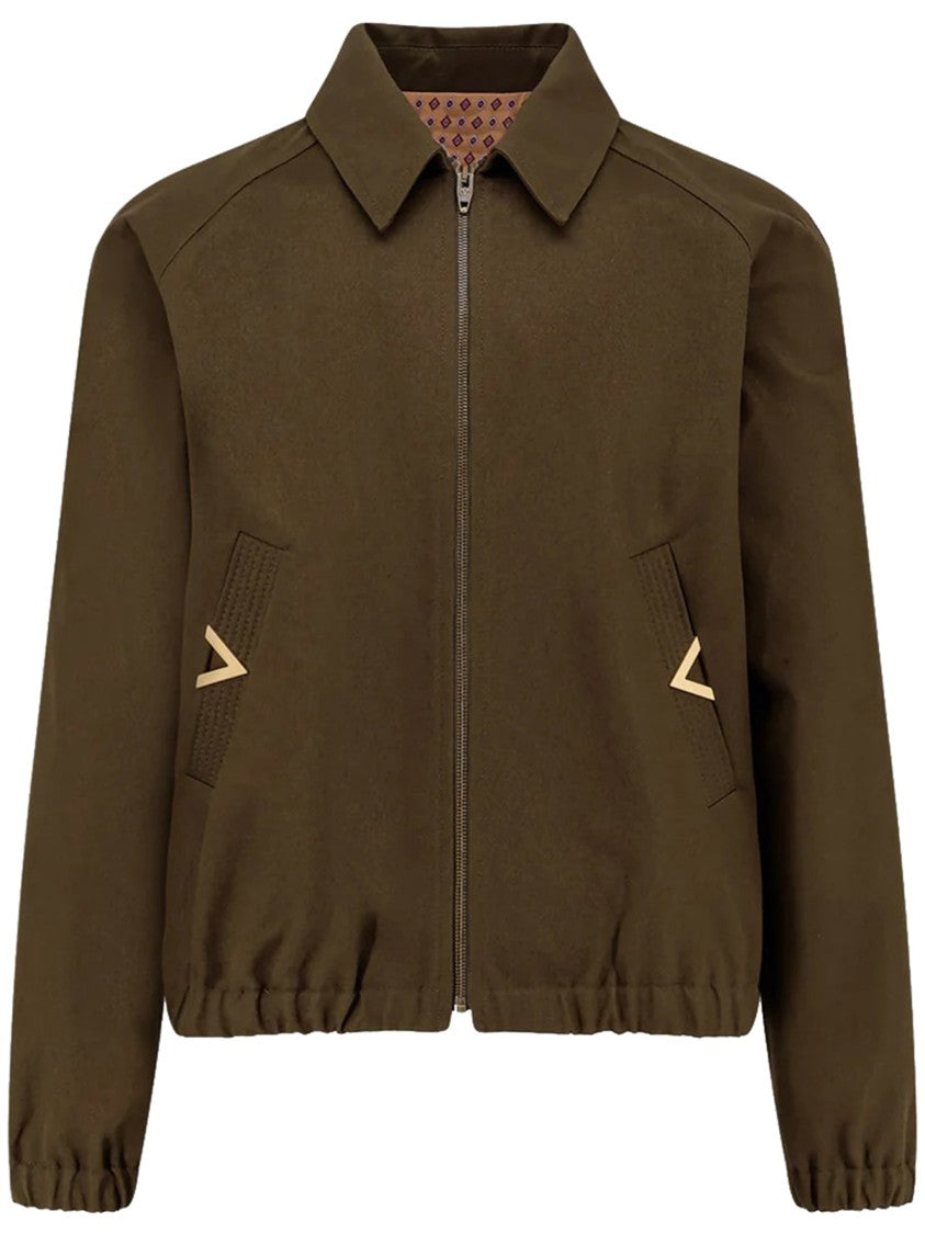 Valentino Military Green Cropped Metallic-V Detail Casual Jacket