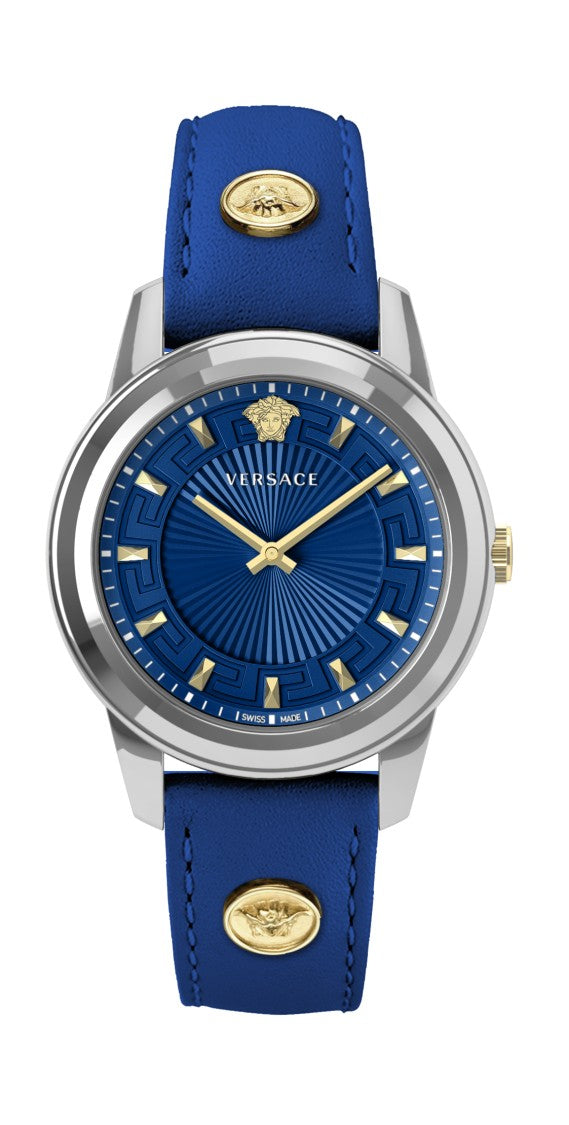 Versace Greca 38Mm Swiss Made Watch With Blue Leather Strap