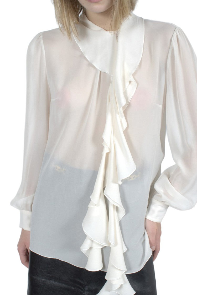 Dolce & Gabbana White Silk Ruffle-Front Tie-Neck Blouse