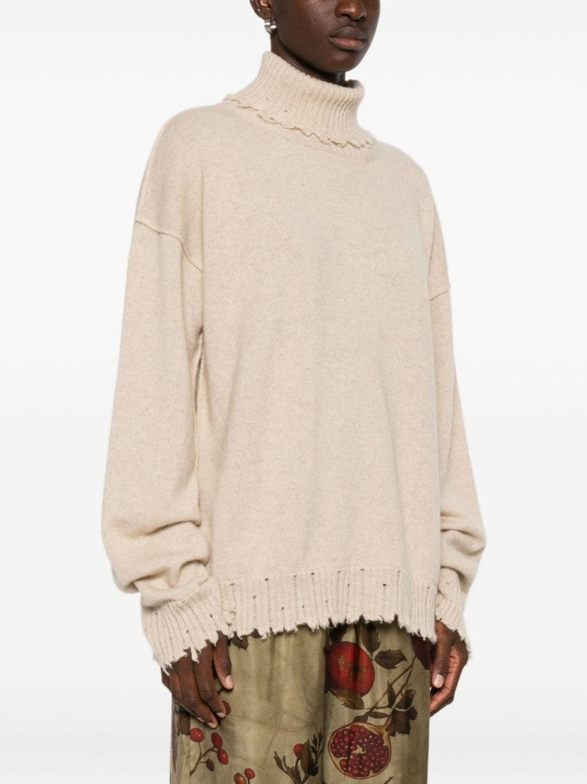 Uma Wang Ribbed Turtleneck Cashmere Sweater With Fringed Finish