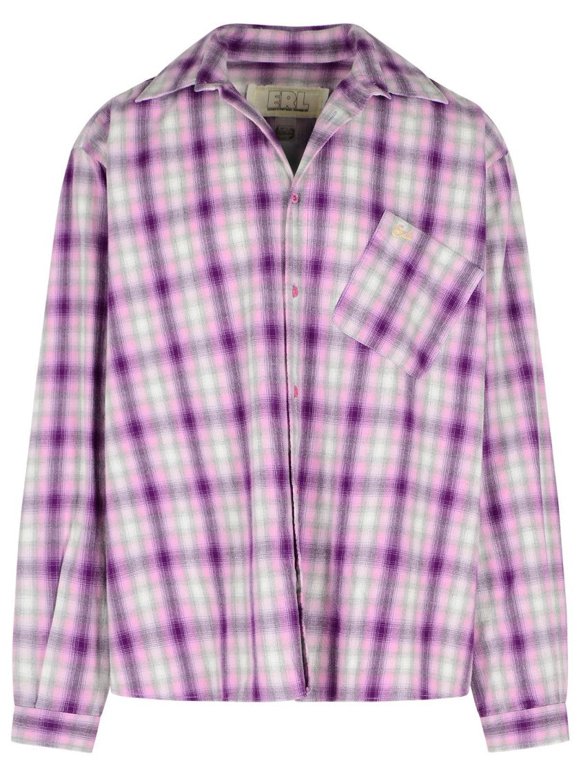 Erl Checkered Purple Cotton Shirt With Logo Patch
