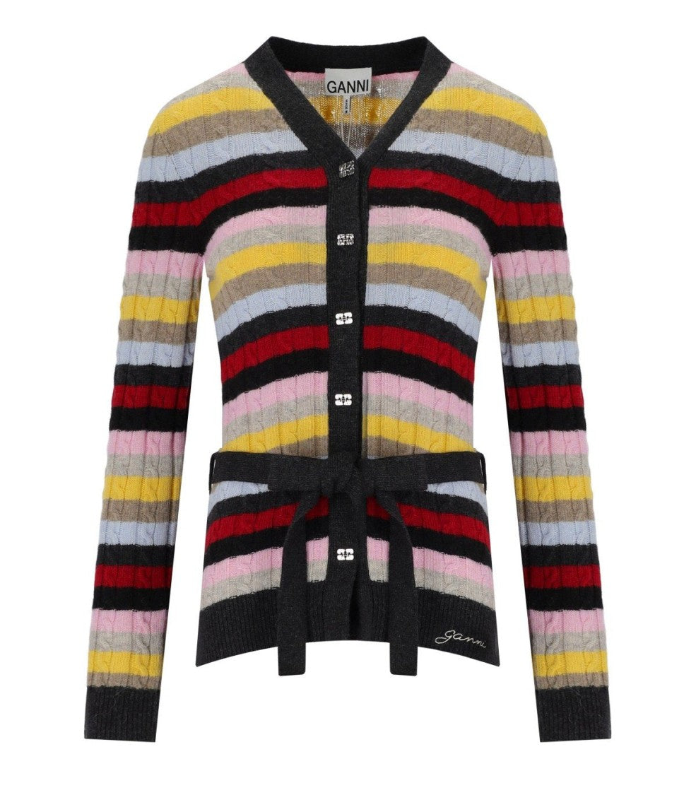 Ganni Multicolor Striped Cardigan With Belt