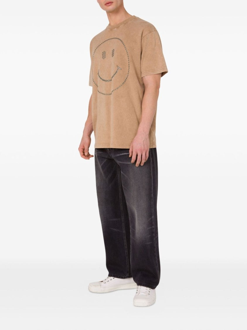 Moschino Light Brown Smiley Face Studded T-Shirt