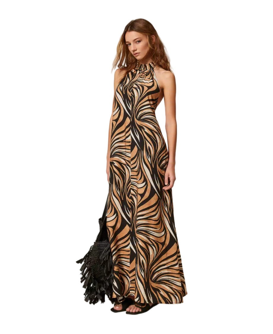 Twinset U&B Zebra Print Viscose Craquelé Halter Neck Maxi Dress