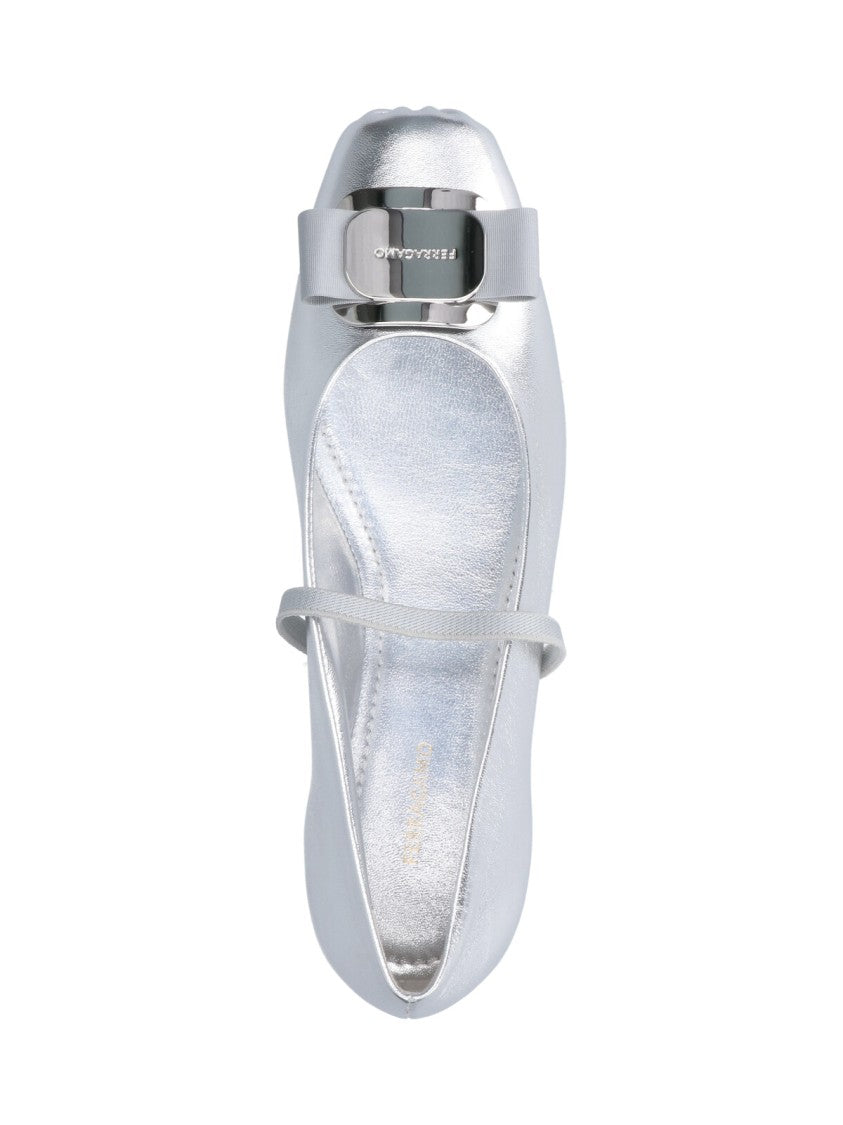 Ferragamo Rounded Toe Metallic Silver Flat Shoes