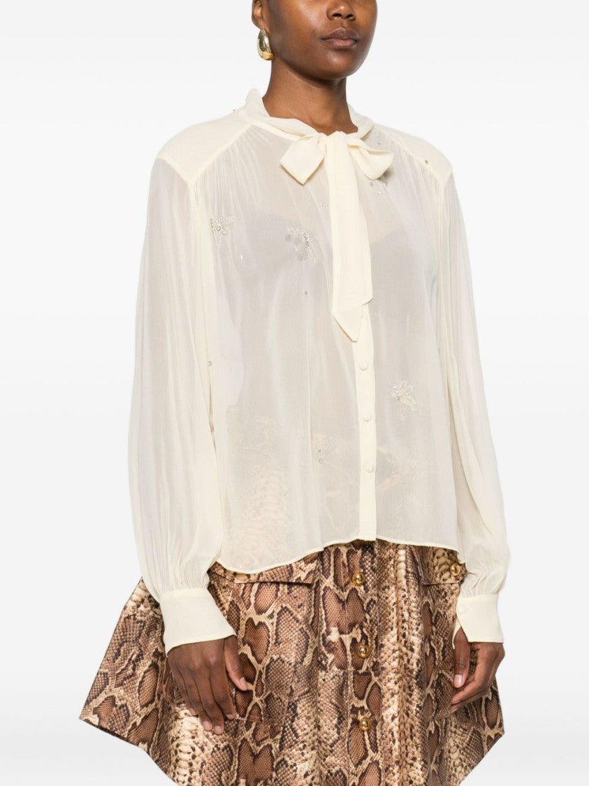Forte Forte Lightweight Semi-Sheer Beige Blouse With Bow Detail