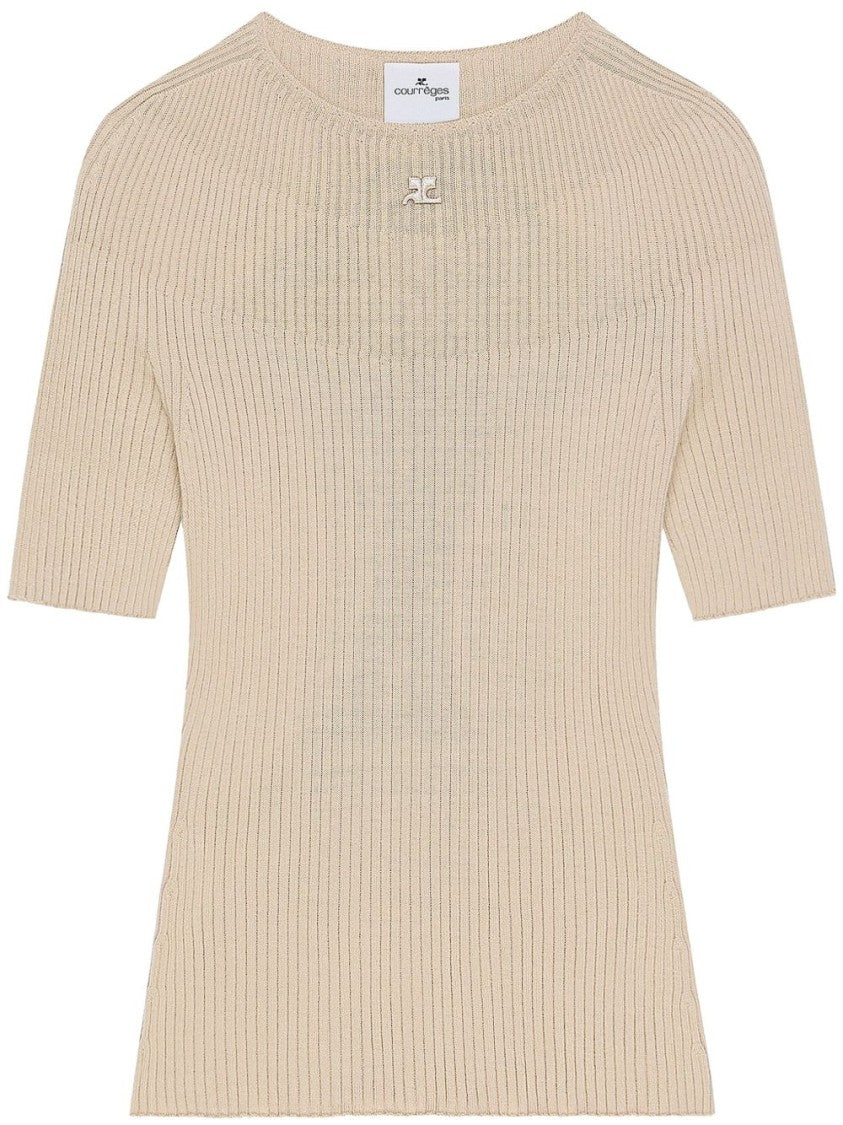 Courrèges Beige Appliqué Logo Short Sleeve Knit Top