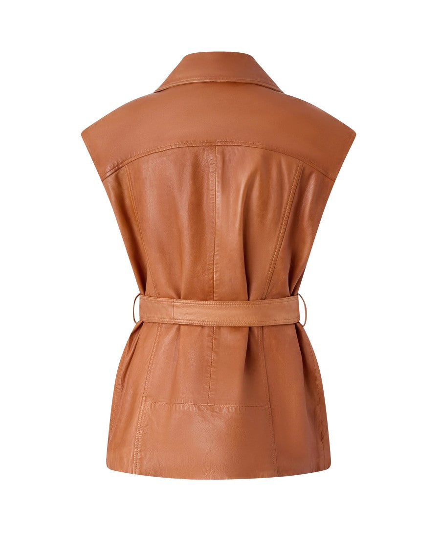 Pinko Biker-Style Leather Gilet With Asymmetrical Zip And Matching Belt