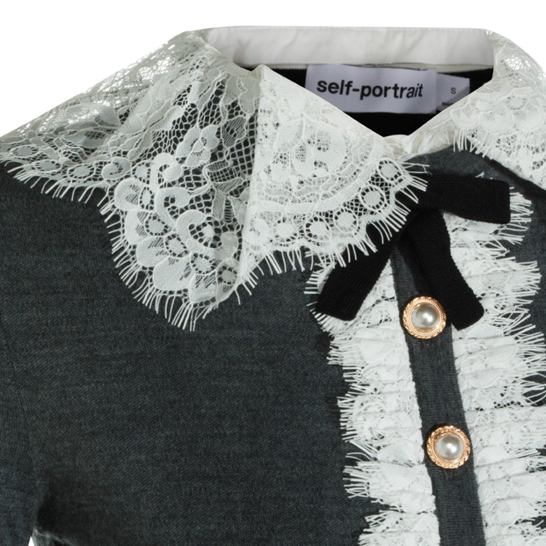 Self-Portrait Grey Wool Knit Sweater With Lace Collar And Bow Detail