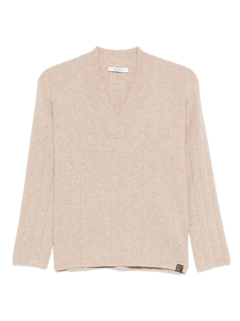 Max Mara Ribbed Beige Sweater With V-Neck And Long Sleeves