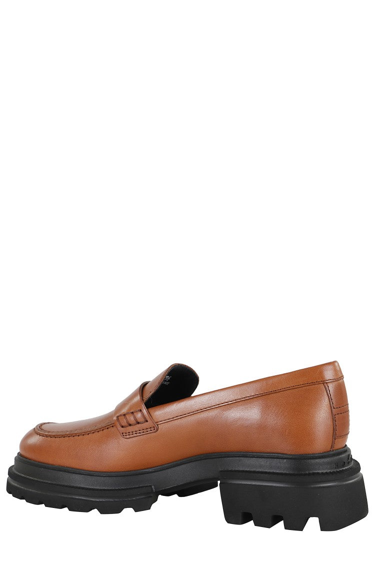 Hogan Round Toe Brown Leather Moccasin With Soft Insole And Eva Sole