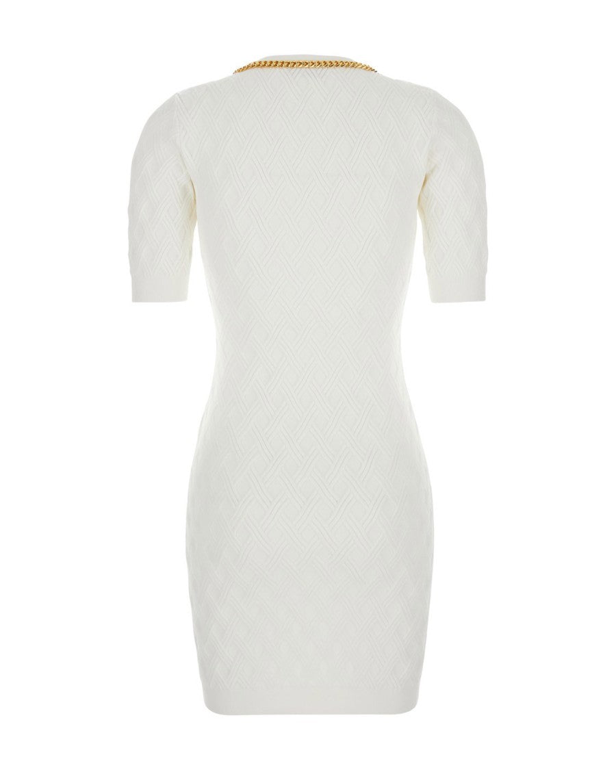 Elisabetta Franchi Ivory Diamond Knit Mini Dress With Jewel Detail